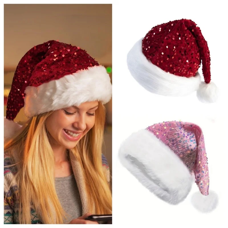 Santa Hat Plush - Dubbellaagse Pailletten Kerstmuts Pluche Kerstmanmuts Met